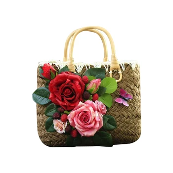 Paplūdimio krepšys šiaudų entire krepšys didelis Jumbo vasaros krepšiai siuvinėjimo gėlių moterų laišką Floros rankinėje 2017 naujų aukštos kokybės