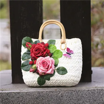 Paplūdimio krepšys šiaudų entire krepšys didelis Jumbo vasaros krepšiai siuvinėjimo gėlių moterų laišką Floros rankinėje 2017 naujų aukštos kokybės