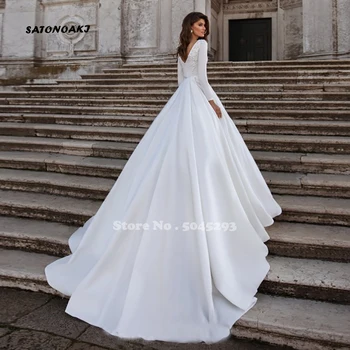 Paprasta ilgomis Rankovėmis Vestuvių Suknelė iki 2020 m., Moterų White Satin Princesa Nuotakos Suknelės, Elegantiški Vestido De Novia Skraiste Mariage Indija