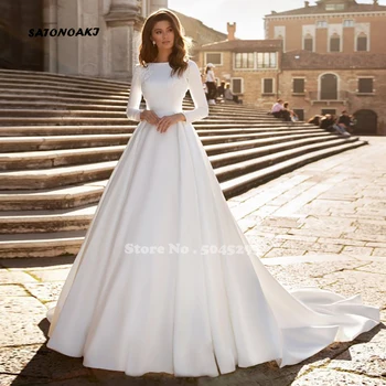 Paprasta ilgomis Rankovėmis Vestuvių Suknelė iki 2020 m., Moterų White Satin Princesa Nuotakos Suknelės, Elegantiški Vestido De Novia Skraiste Mariage Indija