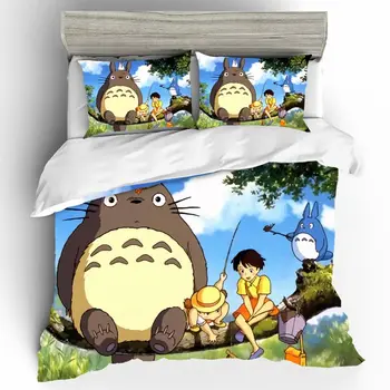 Patalynės Komplektas Mielas Totoro Antklode Padengti Animacinių filmų Šalikas King Size Lova Lakštai ir pagalvių Užvalkalai Patalynės Komplektai Linija Medvilnės paklodės