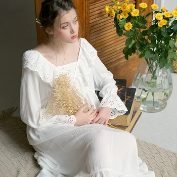 Pavasarį ir Vasarą Princesė Grynos Medvilnės Miega Sijonas Moteris Royal Sexy Nėrinių ilgomis rankovėmis Pižamą Femal Sleepwear Retro 1812186