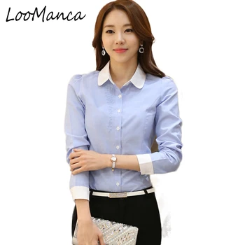 Pavasarį, Vasarą blusas moterų ilgas rankovėmis marškinėliai mados elegantiškas drabužius slim baltos spalvos mėlyna palaidinė plius dydis office viršūnės