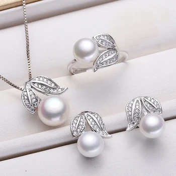 Perlų papuošalai,925 sterlingas sidabro papuošalų rinkiniai natūralių perlų auskarai, karoliai, Pakabukas, žiedas moterims vestuves dovanų Lapai