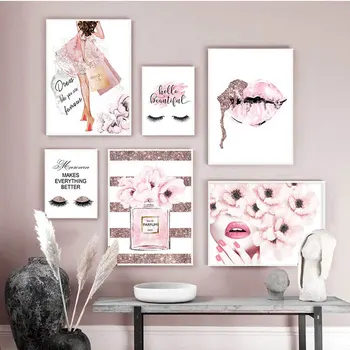 Pink Gėlių Kvepalai Mados Plakatas Blakstienų, Lūpų Makiažas Spausdinti Drobė Meno Tapybos Sienos Nuotrauka Šiuolaikinės Mergina Kambaryje Namų Puošybai
