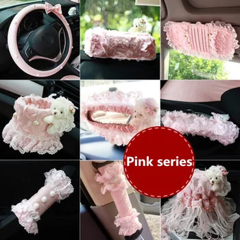 Pink Lady Automobilio Interjero Aksesuarų Rinkinys Nėrinių Sėdynė Dirželio Jungiklis Rankinio Stabdžio Apima Perlų Auto Vairas Viršelio Merginos