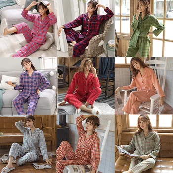 Pižama Moterims Medvilnės Pledas Spausdinti Pižama Nustatyti ilgomis Rankovėmis Sleepwear Turn-žemyn Apykaklės Namų Drabužių Atsitiktinis Palaidų Pižamos Kostiumas