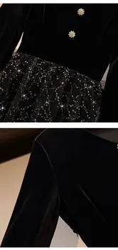 Plius dydis Moterų Derliaus Juodo Aksomo Suknelė Rudenį 2020 m. rudenį blizgučiais Akių Kratinys ilgomis Rankovėmis Aukštos Juosmens Elegantiškas Suknelės