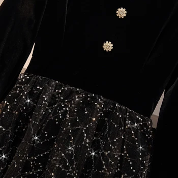 Plius dydis Moterų Derliaus Juodo Aksomo Suknelė Rudenį 2020 m. rudenį blizgučiais Akių Kratinys ilgomis Rankovėmis Aukštos Juosmens Elegantiškas Suknelės