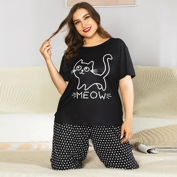 Plus Size Pajama Komplektai Moterų Vasaros Sleepwear Medvilnės Mielas Sun Moon Trumpas Rankovės Dviejų Dalių Komplektas Homewear Seksualus Pjs Lounge Naktiniai Drabužiai