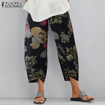 Plus Size Ropė Spausdinti Haremo Kelnės 2021 ZANZEA Moterų Kelnės Mados Moterų Atsitiktinis Gėlių Elastinga WaistLong Pantalon Palazzo
