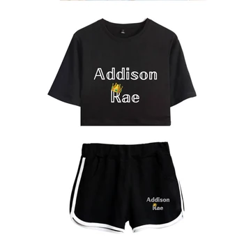 Populiarus Addison Rae Susiduria Bamba Black marškinėliai+šortai moterims dviejų dalių rinkiniai Mados Vasaros Addison Rae mergaitės dviejų dalių kostiumai