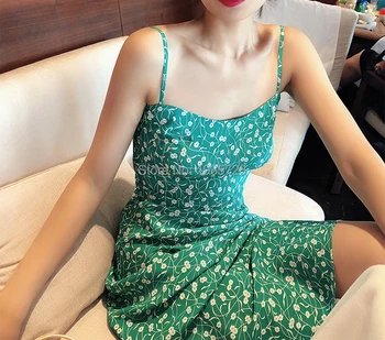Prabanga 2018 Šilko Moterų Naujo Spageti Dirželis Žalia Gėlių Spausdinti Suknelė - Mados Ponios Stilingas Aukštos Juosmens Undinė Hem Suknelė