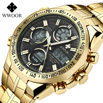 Prabangus Aukso laikrodis Vyrams WWOOR Top Brand Vandeniui Vyras Žiūrėti Mada Sporto LED Chronograph Kvarcas Chronometras Laikrodžius 2020 m.