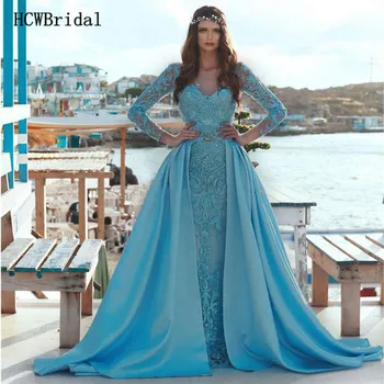 Prabangūs Nėriniai Undinė Arabų Vakarinę Suknelę Ilgomis Rankovėmis Nuimamas Traukinio Grindų Ilgis Oficialią Suknelės Naujausias Chalatas De Soiree Sirene
