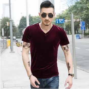 Prekės korėjos stiliaus vyriški trumpomis rankovėmis V-Kaklo, hip hop, gatvės veliūras marškinėliai,5XL 6XL 7XL plius dydis derliaus aksominė palaidinė viršūnės