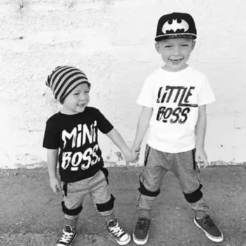 Pudcoco 2vnt Vaikams Baby Boy Laisvalaikio Medvilnės trumpomis Rankovėmis O-kaklo Mini Boss Atspausdintas T-shirt Kelnes Komplektus 1-6years Helen115