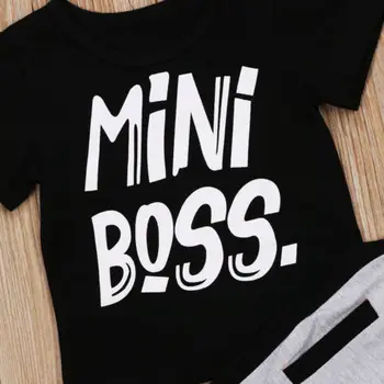 Pudcoco 2vnt Vaikams Baby Boy Laisvalaikio Medvilnės trumpomis Rankovėmis O-kaklo Mini Boss Atspausdintas T-shirt Kelnes Komplektus 1-6years Helen115