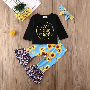 Pudcoco Bamblys Baby Girl Drabužiai Laišką Long Sleeve T-Shirt Viršūnes Saulėgrąžų Leopardas Spausdinti Bell-Dugnas Lankelis 3Pcs Komplektai Rinkinys