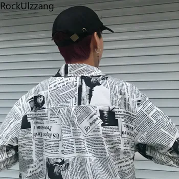 Punk Hipių Hip-Hop Grafiti Laikraštį Laisvas Palaidinė Ilgomis Rankovėmis Mygtuką Marškinėliai Streetwear Derliaus Korėjos Harajuku Viršuje Japonijos Tee