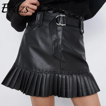 Pynimas aukšto liemens sijonas mini sexy trumpi sijonai juoda Varčios sijonas elegantiškas odos sijonai moterims dirbtiniais odos sijonas su kišenėmis