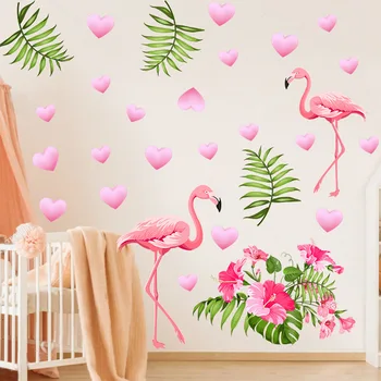 Rankomis dažyti žalia lapų flamingo sienų lipdukai vaikams, vaikų kambarys gyvenamasis kambarys miegamasis apdailos namų dekoro sienos lipdukai