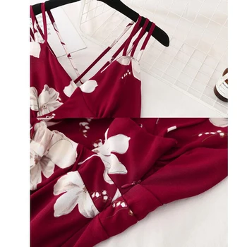Rankovių Spageti dirželis Šifono Suknelė Moterų 2020 M. Vasarą V-kaklo Gėlių spausdinti Off Peties Seksuali Suknelė Holiday Beach Ilga Suknelė