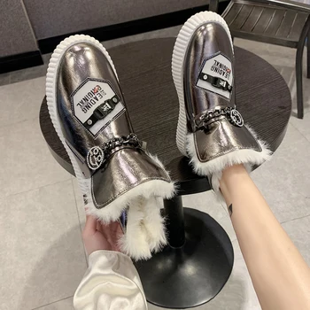 Rimocy mados Šypsena grandinės lakinės Odos Batai Moterų 2020 M. Žiemą Šiltas trumpas Pliušinis sniego batai Moterys sidabro spalvos platforminiai Batai