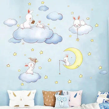 Romantiška Mėnulis Ir Žvaigždės Sienos Meno Lipdukai Animacinių Filmų Balti Debesys Triušis Sienų Lipdukai Vaikams Kūdikių Miegamųjų Namo Apdaila