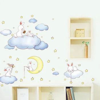 Romantiška Mėnulis Ir Žvaigždės Sienos Meno Lipdukai Animacinių Filmų Balti Debesys Triušis Sienų Lipdukai Vaikams Kūdikių Miegamųjų Namo Apdaila