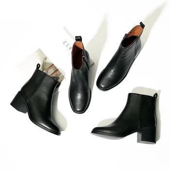 Royesic Originali Karvės Odos Storio obcasie trumpi auliniai batai moterims, odinis vieną batai aikštėje pirštas trumpas batai, storos-soled batai