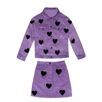Rudenį Gatvės Stiliaus Tracksuit Moterų Violetinė Velvetas Širdies Audinio Aplikacijos Kailio Viršutiniai drabužiai Moterims Ir-Line Mini Sijonai SL395