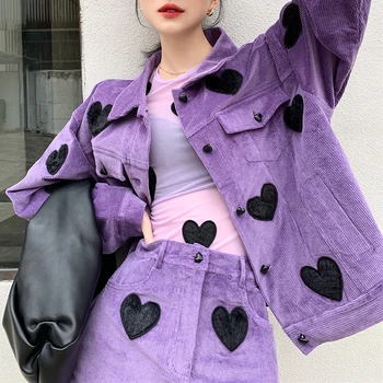 Rudenį Gatvės Stiliaus Tracksuit Moterų Violetinė Velvetas Širdies Audinio Aplikacijos Kailio Viršutiniai drabužiai Moterims Ir-Line Mini Sijonai SL395