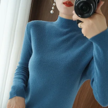 Rudenį ir žiemą naujas 2020 vientisos spalvos vilnos megztinis moterims pusę aukštas kaklas plonas, žemiausią marškinėliai trumpas moterų megztinis mezgimo viršų