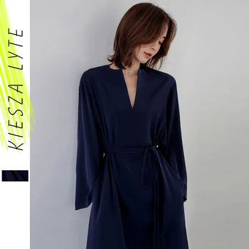 Rudenį suknelė moterims ilgomis rankovėmis V-kaklo, nėriniai-up mėlyna 2020 nauja elegantiška vintage 