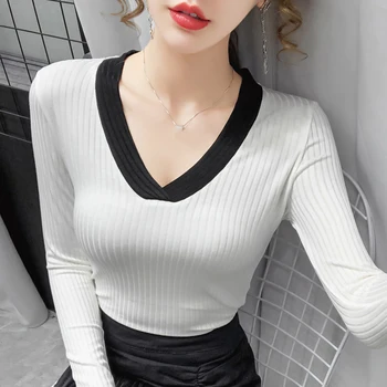 Rudenį, Žiemą marškinėliai Moterims Topai Seksualus, Baltos spalvos Marškinėlius Moterims korėjiečių Drabužius ilgomis Rankovėmis Atsitiktinis Kratinys Tee marškinėliai Femme 2020 m.