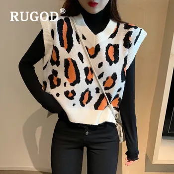 RUGOD 2020 Naujų Rudens Leopard Megztinis V-kaklo Berankovė Liemenė Moterų Megztus Liemenė Plius Dydžio Megztinis 2020 M. Žiemos moteriški drabužiai