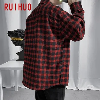 RUIHUO Atsitiktinis Raudonas Juodas Pledas Marškiniai Vyrų Slim Fit Medvilnės Vyrų Ilgas Rankovėmis Marškinėliai Vyrams, Prekės ženklo Plius Dydis M-5XL 2021 m. Pavasarį Naujas