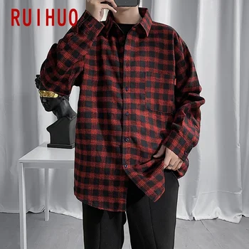RUIHUO Atsitiktinis Raudonas Juodas Pledas Marškiniai Vyrų Slim Fit Medvilnės Vyrų Ilgas Rankovėmis Marškinėliai Vyrams, Prekės ženklo Plius Dydis M-5XL 2021 m. Pavasarį Naujas
