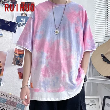 RUIHUO Rožinė tie dažai trumpomis Rankovėmis vyriški T-Shirt Mados Streetwear 2020 Metų Hip-Hop Marškinėliai Vyrams Marškinėlius Japonų Drabužių Vyras, M-5XL