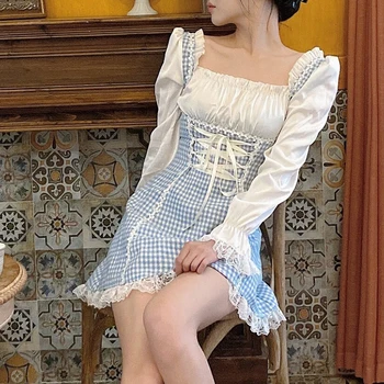 Saldus Lolita Mini Suknelė Moterims Japonų Stiliaus Aikštėje Apykaklės Tvarstis Mėlynos Spalvos Pledas Gotikos Suknelė Kawaii Raukiniai, Nėriniai Suknelė Minkštas Mergina