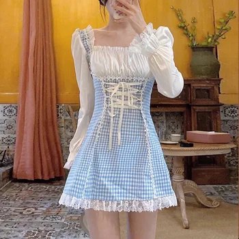 Saldus Lolita Mini Suknelė Moterims Japonų Stiliaus Aikštėje Apykaklės Tvarstis Mėlynos Spalvos Pledas Gotikos Suknelė Kawaii Raukiniai, Nėriniai Suknelė Minkštas Mergina