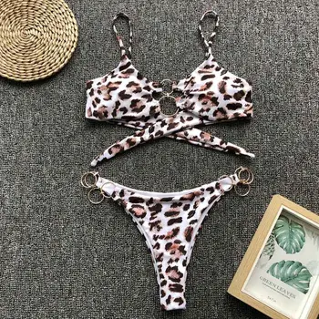 Seksualus Brazilijos Leopard Bikini 2019 Nauji Metaliniai Žiedai Brazilijos Moterų Maudymosi Kostiumėliai, Moterų Maudymosi Kostiumėlį, Thong Bather Maudymosi Kostiumą Plaukti 5108