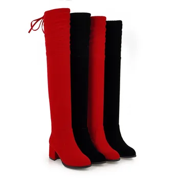 Sgesvier juoda raudona mados per kelius siekiantys batai, suapvalinti tne kryžiaus susieta rudens-žiemos batai ponios prom batus moteris, didelis dydis 32-43