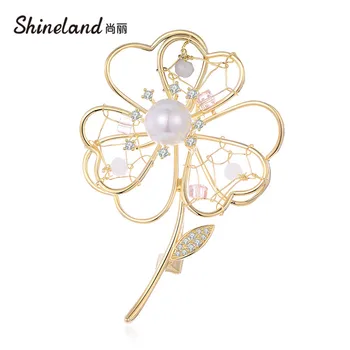 Shineland Ponios Imituojamas Pearl Metalo Tuščiaviduriai Gėlių Segė Pin Megztinis Marškinėliai, Šalikas Pin Kailis Ženklelis Moterų Papuošalai, Aksesuarai