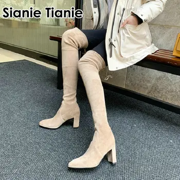 Sianie Tianie aukštos kokybės natūralios odos nekilnojamojo suede moteris batai overknee aukštakulniais įkrovos ruožas 