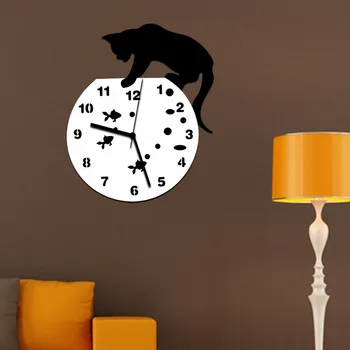 Sieniniai Laikrodžiai 3D Namų Dekoro Akrilo Sieninis Laikrodis Katė ir Žuvų Dizaino Big Žiūrėti Kvarco Katė Laikrodis Kambarį Dekoratyvinis laikrodžiai#5%