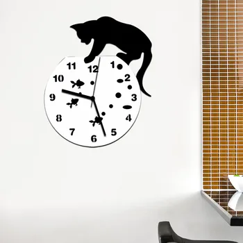 Sieniniai Laikrodžiai 3D Namų Dekoro Akrilo Sieninis Laikrodis Katė ir Žuvų Dizaino Big Žiūrėti Kvarco Katė Laikrodis Kambarį Dekoratyvinis laikrodžiai#5%