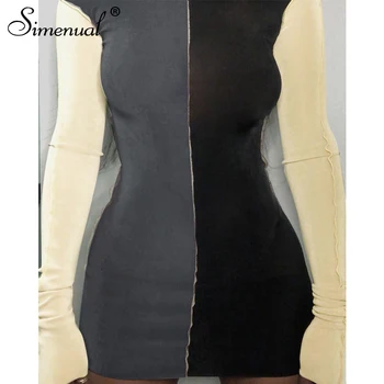 Simenual Mados Bodycon Kratinys Atsitiktinis Mini Suknelės Moterims Ilgomis Rankovėmis Liesas Clubwear Rudenį 2021 Spalvų Blokavimo Šalis Suknelė