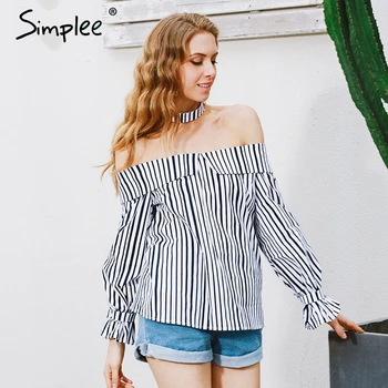 Simplee Off peties viršaus dryžuotas marškinėliai su choker ilgomis rankovėmis palaidinė marškinėliai moterims topai 2018 m. vasaros chemise femme atsitiktinis blusas